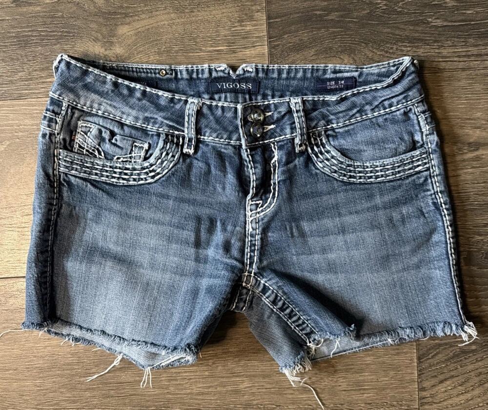 Vigoss Sz 7/8 Y2K Denim Cutoff Shorts McBling Rhinestone Western Raw Hem Cowgirl